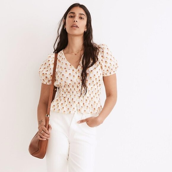 Madewell Tops - MADEWELL SOPHIA IVORY WHITE FLORAL GAUZE TOP IN WILD CALENDULA BLOCK PRINT - M